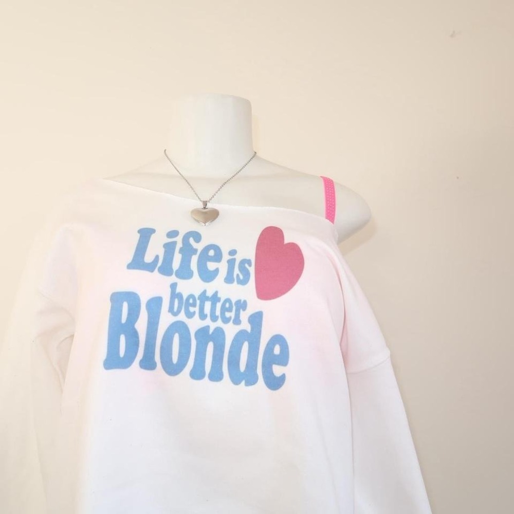 y2k life is better blonde graphic off shoulder cropped sweatshirt mcbling - Picture 5 of 6